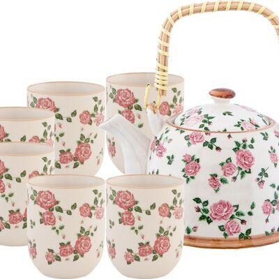 Ceramic tea service set with 6 cups and teapot with bamboo handle in gift box. TK-240-3