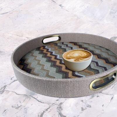 Round brown tray with zigzag pattern with brass handles