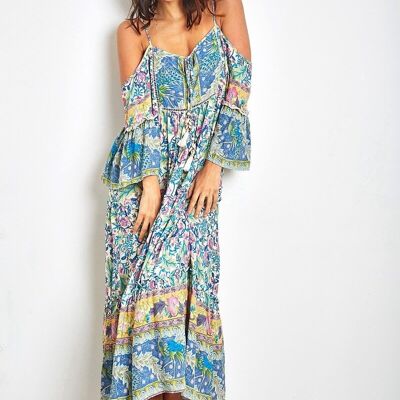 Long spaghetti strap dress with floral print, off the shoulders