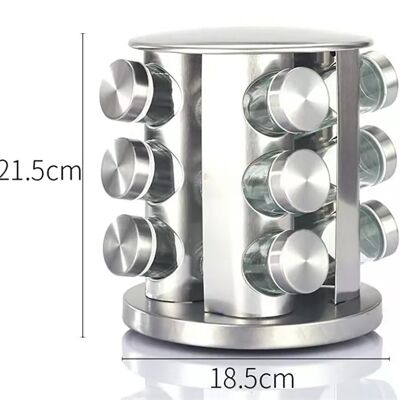 Stainless steel swivel base and 12 glass spice jars. Dimension: 21.5x18.5cm LM-324