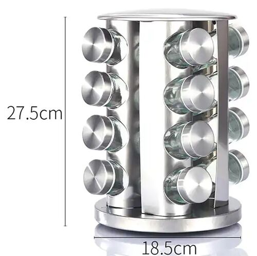 Stainless steel rotating base and 16 glass spice jars. Dimension: 27.5x18.5cm LM-325