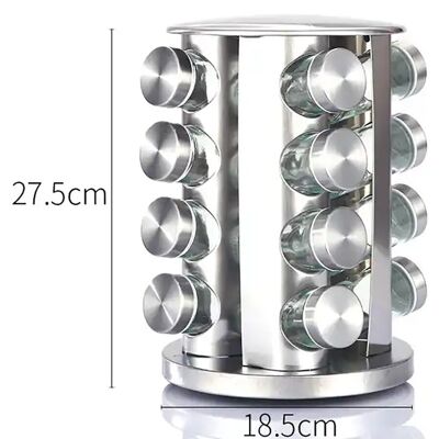Stainless steel rotating base and 16 glass spice jars. Dimension: 27.5x18.5cm LM-325