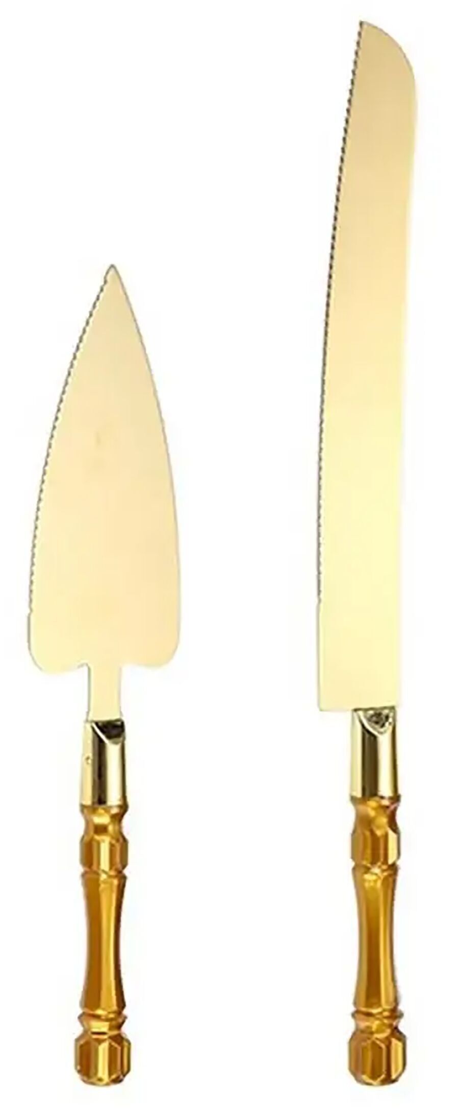 Kuchenmesser- und Spatel-Set aus Edelstahl in Goldfarbe.   Dimension: 31.5x2.5cm (Messer) / 25.5x5.5 cm (Spatel) LM-326A