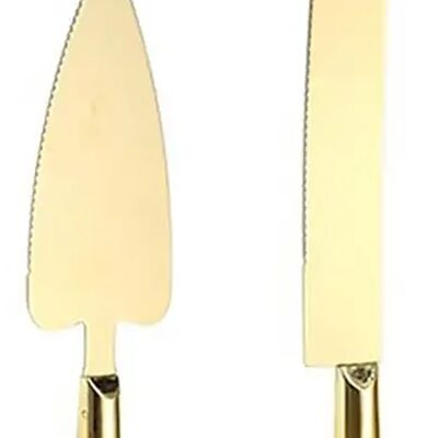 Juego de cuchillo y espátula para tarta fabricados en acero inoxidable en color dorado.   Dimensión: 31.5x2.5cm (cuchillo) / 25.5 x 5.5cm (espátula) LM-326A