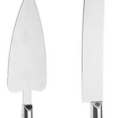 Ensemble couteau à gâteau et spatule en acier inoxydable de couleur argent.   Cote : 31.5 x 2.5cm (couteau) / 25.5 x 5.5 cm (spatule) LM-326B