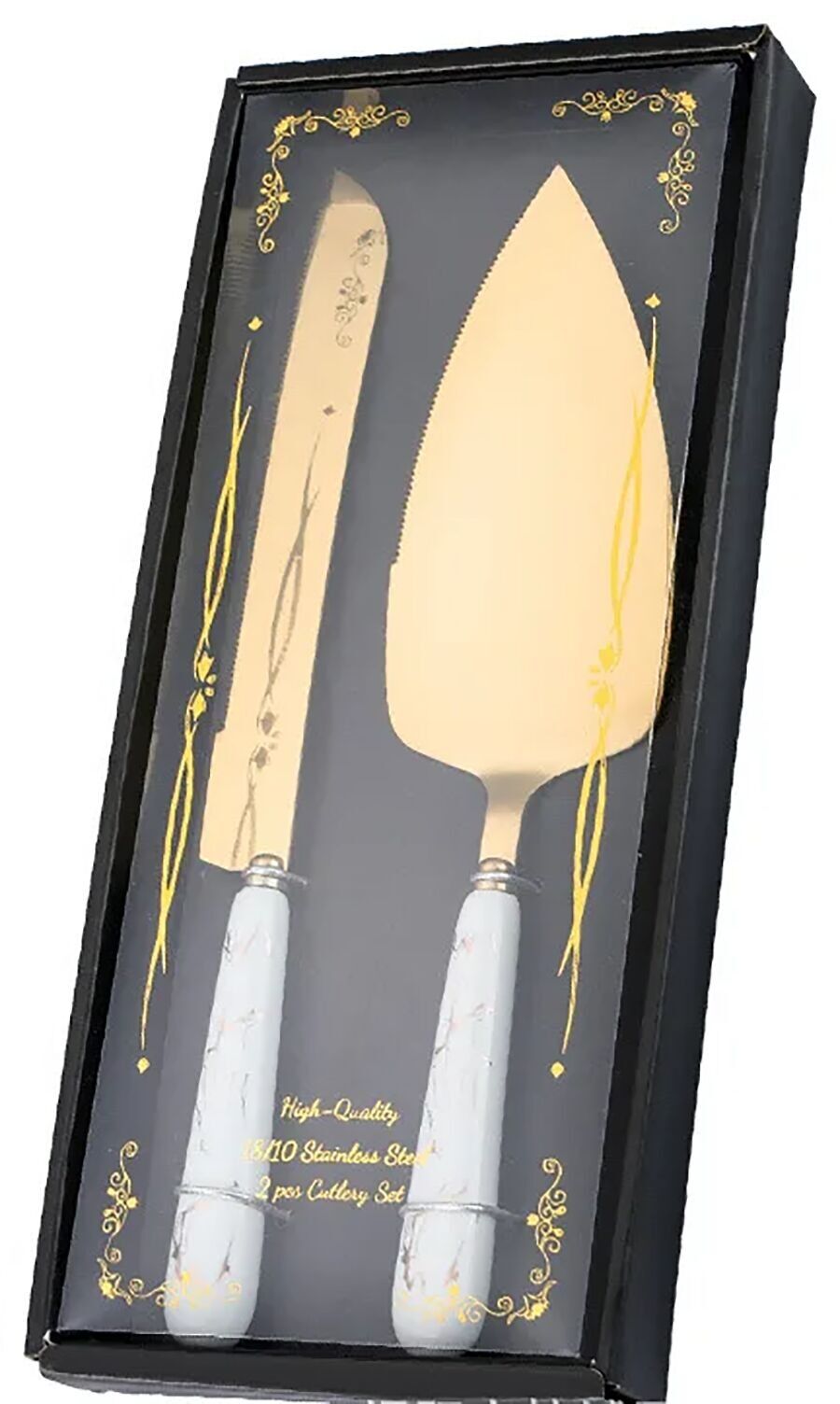 Kuchenmesser- und Spachtel-Set „MARBLE“ aus Edelstahl mit weißem Griff in einer Geschenkbox.   Abmessung: 28x2.1cm (Messer) / 26.5x6.5 cm (Spatel) / 30 x 13 cm (Packung) LM-327A