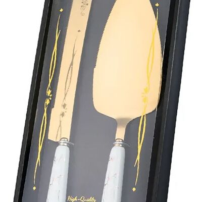 Kuchenmesser- und Spachtel-Set „MARBLE“ aus Edelstahl mit weißem Griff in einer Geschenkbox.   Abmessung: 28x2.1cm (Messer) / 26.5x6.5 cm (Spatel) / 30 x 13 cm (Packung) LM-327A