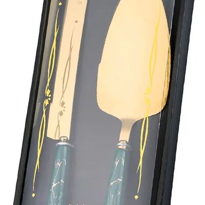 Set de couteaux à gâteau et spatules "MARBLE" en acier inoxydable avec un manche vert dans un coffret cadeau.   Dimension : 28x2.1 cm (couteau) / 26.5 x 6.5 cm (spatule) / 30x13 cm (paquet) LM-327C