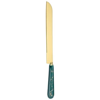 Set de couteaux à gâteau et spatules "MARBLE" en acier inoxydable avec un manche vert dans un coffret cadeau.   Dimension : 28x2.1 cm (couteau) / 26.5 x 6.5 cm (spatule) / 30x13 cm (paquet) LM-327C 2
