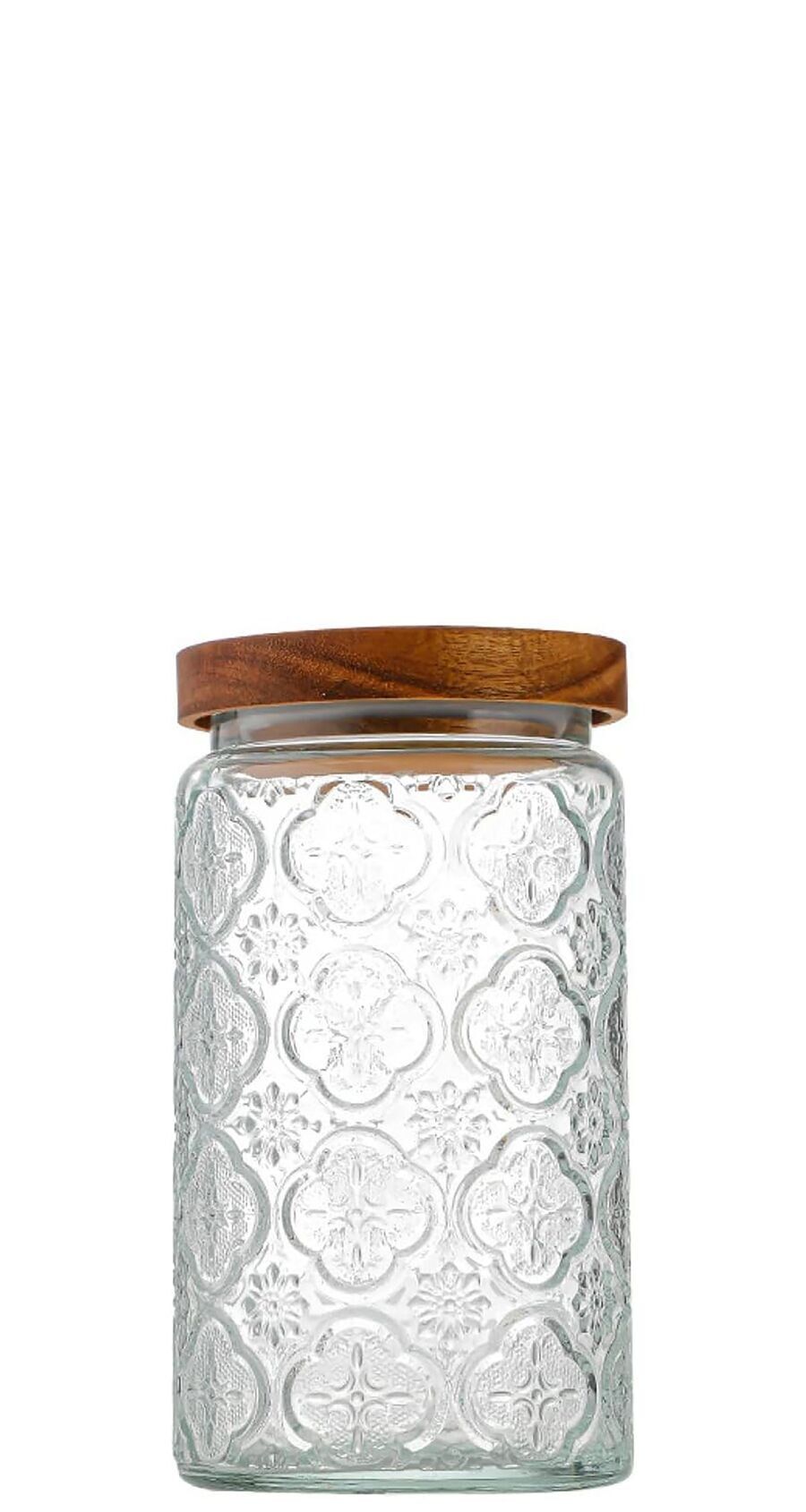 Embossed glass storage container with airtight bamboo lid. Capacity: 500ml LM-330