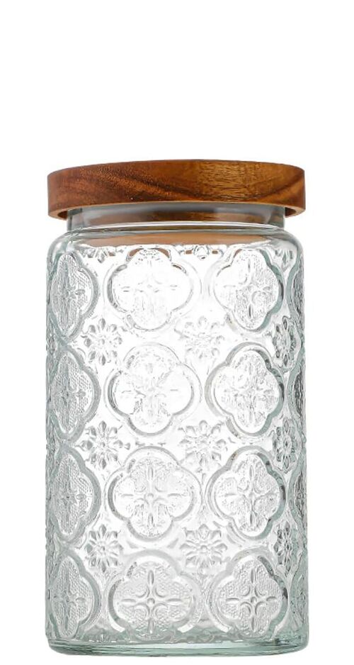 Embossed glass storage container with airtight bamboo lid. Capacity: 700ml LM-331