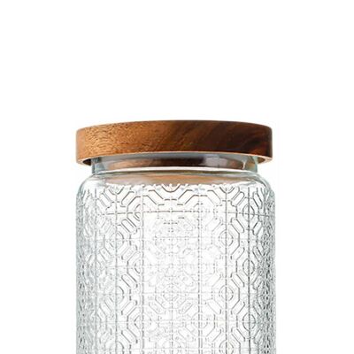 Embossed glass storage container with airtight bamboo lid. Capacity: 500ml LM-333