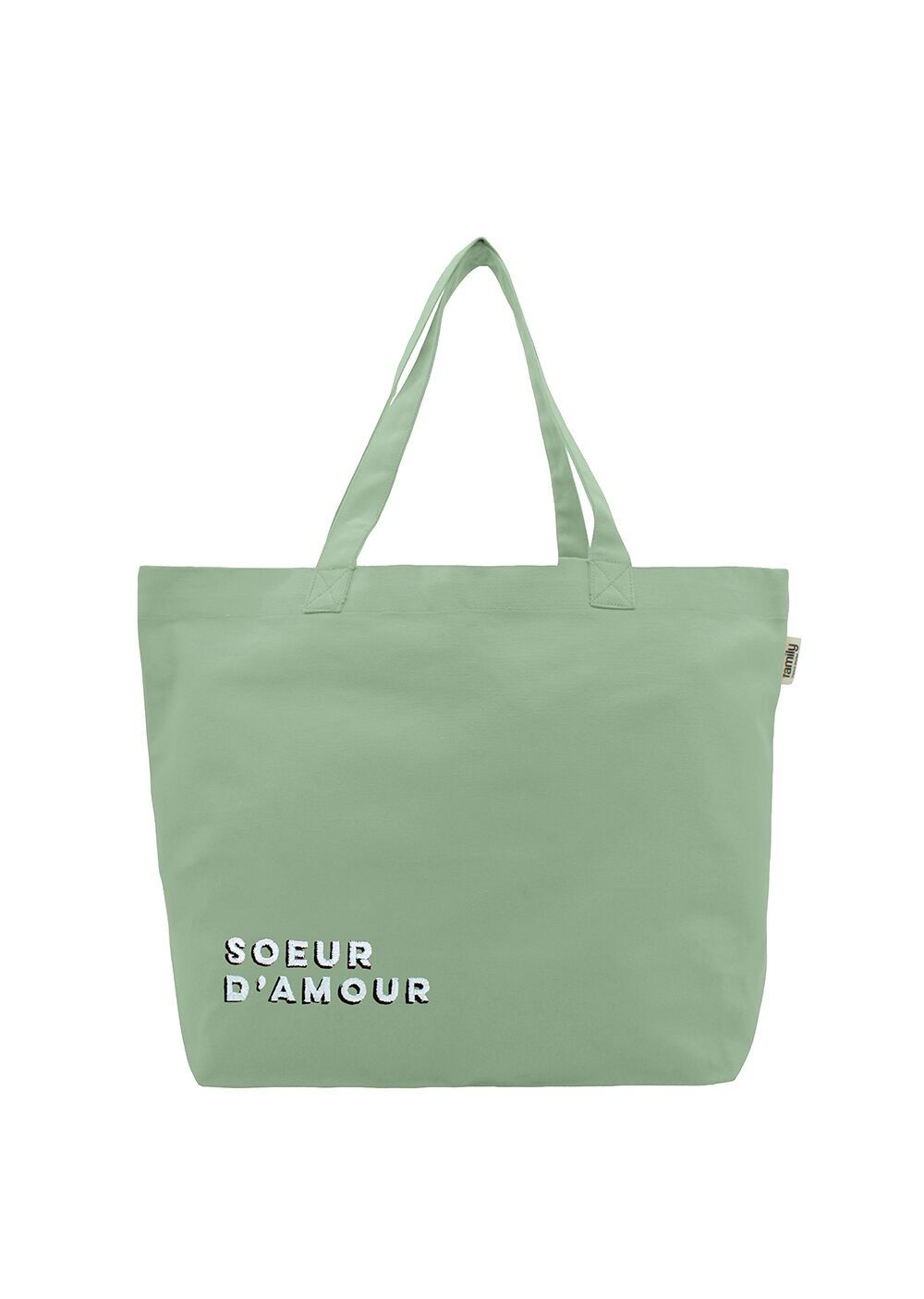 Sac shopping brodé SOEUR D’AMOUR vert d'eau