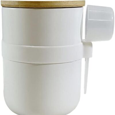 Ceramic container with wooden bamboo lid, airtight closure, dispenser and its support base in white color. Dimension: 10.3x14.3cm Capacity: 800ml SD-161/162/163W