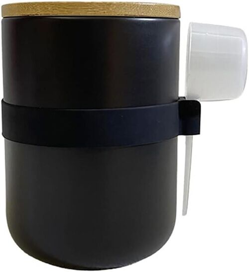 Ceramic container with wooden bamboo lid, airtight closure, dispenser and its support base in black. Dimension: 10.3x14.3cm Capacity: 800ml SD-161/162/163B