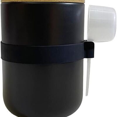 Ceramic container with wooden bamboo lid, airtight closure, dispenser and its support base in black. Dimension: 10.3x14.3cm Capacity: 800ml SD-161/162/163B