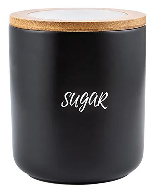 Ceramic sugar pot with wooden bamboo lid, airtight closure in black. Capacity: 850ml SD-165B