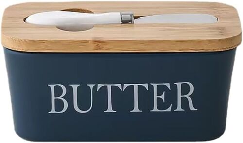 Ceramic butter container with wooden lid and integrated stainless steel knife in blue color. Capacity: 600ml SD-166A
