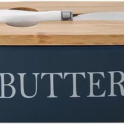 Ceramic butter container with wooden lid and integrated stainless steel knife in blue color. Capacity: 600ml SD-166A