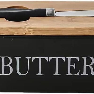 Ceramic butter container with wooden lid and integrated stainless steel knife in black color. Capacity: 600ml SD-166B