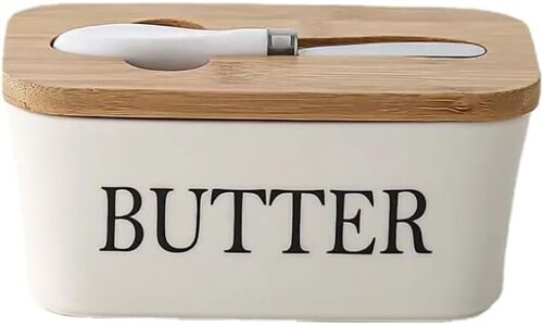 Ceramic butter container with wooden lid and integrated stainless steel knife in white color. Capacity: 600ml SD-166W