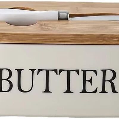 Ceramic butter container with wooden lid and integrated stainless steel knife in white color. Capacity: 600ml SD-166W