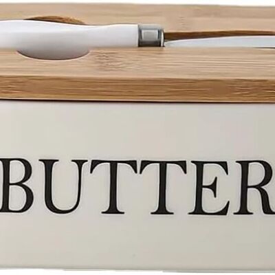 Ceramic butter container with wooden lid and integrated stainless steel knife in white color. Capacity: 600ml SD-166W