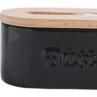 Ceramic butter container with wooden lid and integrated black stainless steel knife. Capacity: 650ml SD-167B