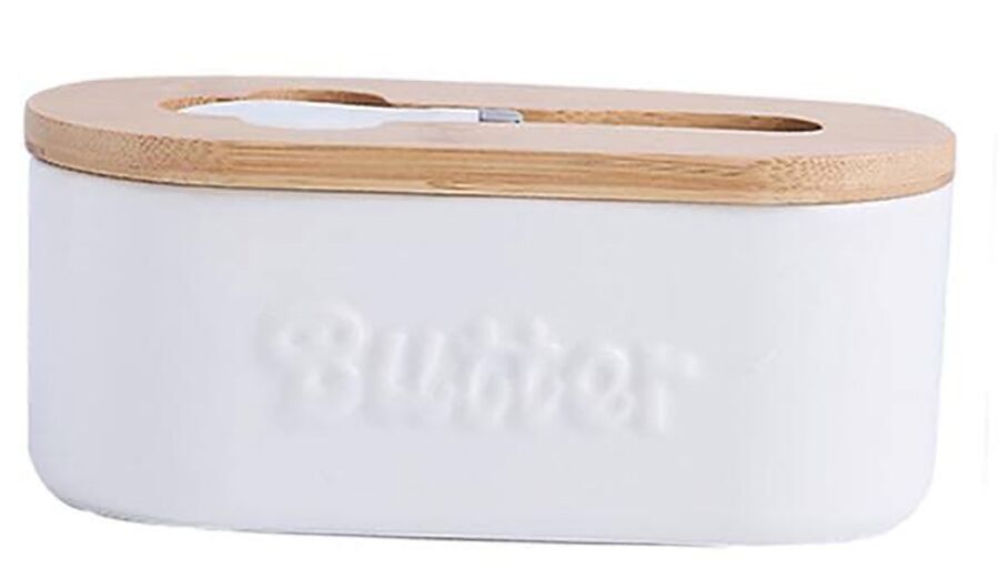 Beurrier en céramique avec couvercle en bois et couteau en acier inoxydable blanc intégré. Capacité : 650 ml SD-167W