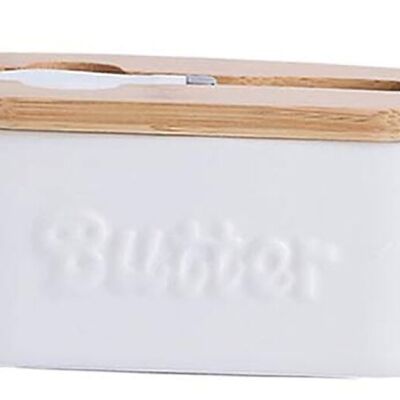 Ceramic butter container with wooden lid and integrated white stainless steel knife. Capacity: 650ml SD-167W