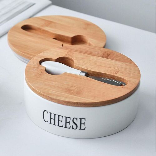Ceramic cheese container with wooden lid and integrated stainless steel knife in white color. SD-168