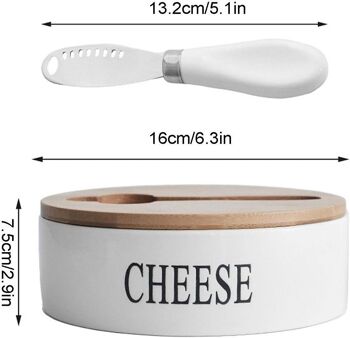 Récipient à fromage en céramique avec couvercle en bois et couteau intégré en acier inoxydable de couleur blanche. SD-168 2