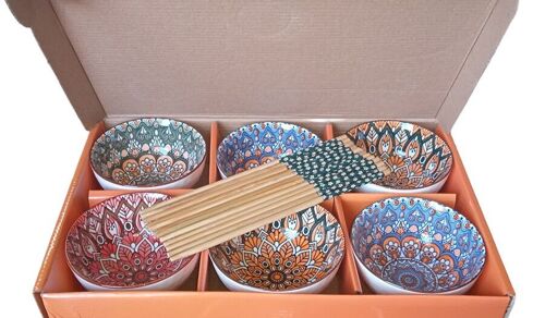 Set of 6 orange colored bowls and chopsticks in a gift box. SD-170