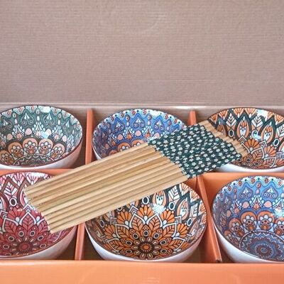 Set of 6 orange colored bowls and chopsticks in a gift box. SD-170