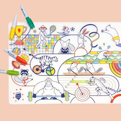 NEW Reusable coloring: SPORT - JO PARIS 2024- Silicone placemat for infinite coloring 5 markers included