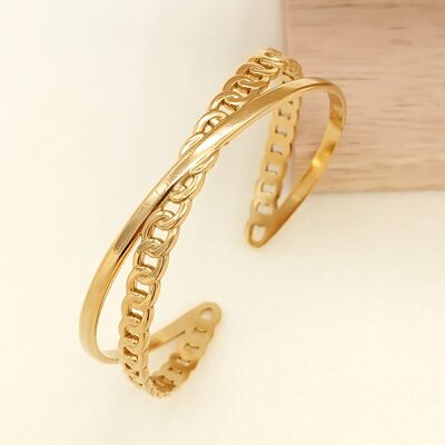 Crossed adjustable gold bangle bracelet