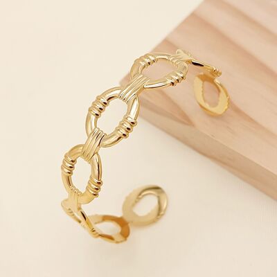 Gold bangle bracelet with adjustable rigid chain