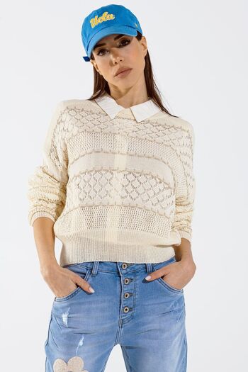 Jersey de crochet de manga larga y cuello redondo en couleur crème 4