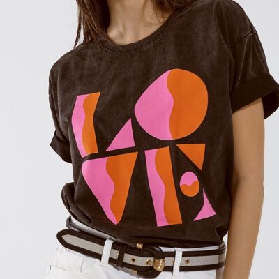 Camiseta mit gestempeltem digitalem Art-Déco-LOVE in schwarzem Lavado