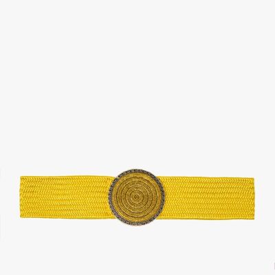 Cinturón tejido amarillo con hebilla redonda con pedrería