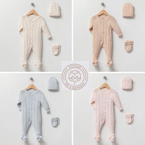 Organic Cotton Knit Elegant Pom Pom Jumpsuit & Bonnet Set