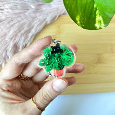 Keychain - black cat with Monstera deliciosa made of epoxy resin