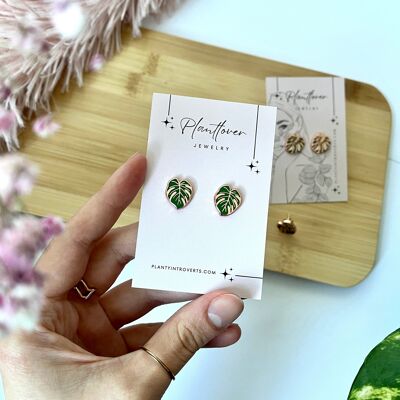 Monstera leaf stud earrings made of hard enamel and stainless steel | Houseplant jewelry