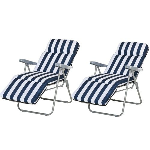 Wikinger 2 x folding chairs, garden chair, sun lounger, armrests, foldable, 5 positions, cushion, blue, 60 x 75 x 102 cm