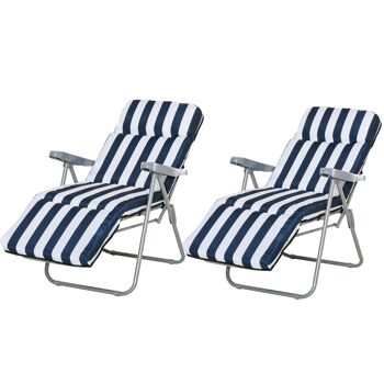 Wikinger Lot de 2 chaises pliantes de jardin, chaise longue, accoudoirs, pliable, 5 positions, coussin, bleu, 60 x 75 x 102 cm