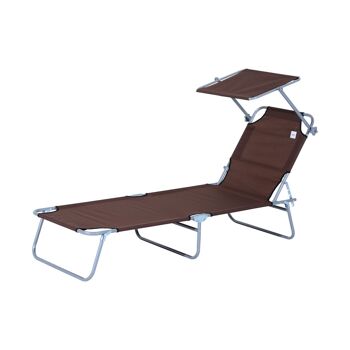 Wikinger Chaise longue de jardin, chaise longue de bien-être, chaise longue de plage, pliable avec protection solaire, marron, 187 x 58 x 36 cm