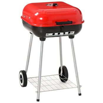Wikinger Chariot à charbon de bois pour barbecue, bouilloire, barbecue sur roulettes, étagère avec couvercle BBQ métal rouge 46 x 52.5x76cm