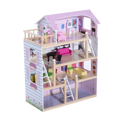 Maison de poupée Wikinger en bois Maison de poupée pour enfants à partir de 3 ans Maison de poupée Maison de poupée 4 étages avec meubles et accessoires jouets 60 x 30 x 80 cm