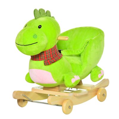 Wikinger animal à bascule dragon à bascule cheval à bascule pour enfant avec roulettes fonction musicale à partir de 18 mois peuplier + peluche vert + rose blanc 60 x 32 x 52 cm