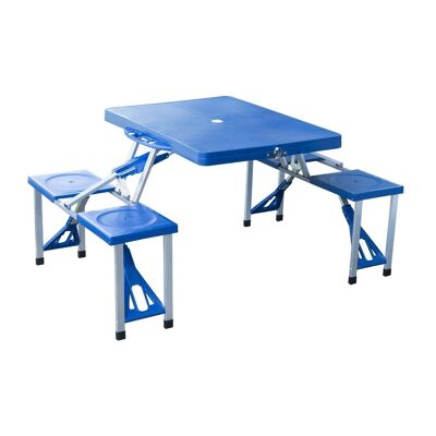 Wikinger aluminum camping table picnic bench seating group garden table with 4 seats foldable blue 135.5x84.5x66cm